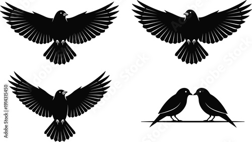 Black silhouette set of flying birds and a couple sitting on a branch, cad drawing flat vector illustration, isolated.