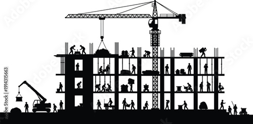 Construction Site Silhouette Illustration Depicting Multi-Story Building, Tower Cranes, Workers, Machinery, Industrial Architecture, and Urban Infrastructure Concept