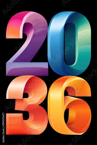 Bold colorful 2036 numbers in gradient typography on a dark background for a modern celebration