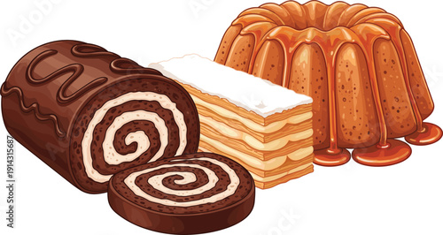 Dessert Illustration Depicting Chocolate Swiss Roll, Layered Pastry with Cream, and Bundt Cake with Caramel Glaze Food Concept