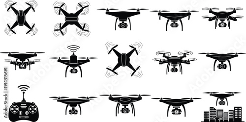 Black Drone Silhouette Icon Set Depicting Quadcopters, Remote Control, Flying Cameras, Urban Surveillance, and Modern Aerial Photography Concept