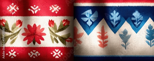 Festive knitted patterns in red and blue with snowflakes and poinsettia embellishments for holiday décor