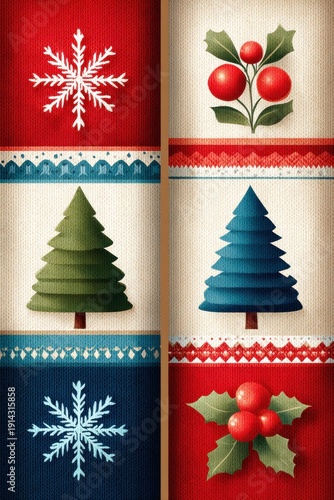 Two Knitted Nordic Pattern Panels in Red, Blue, and Green with Snowflake and Tree Motifs