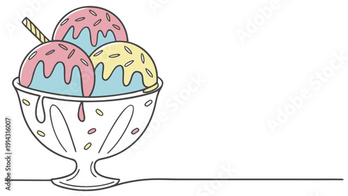 Colorful ice cream sundae with pink, blue, and yellow scoops