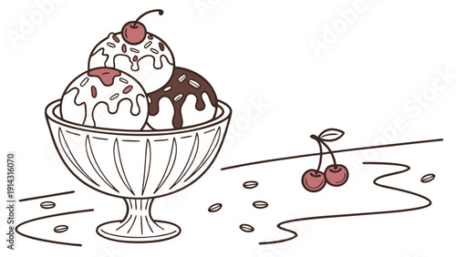 Delicious ice cream sundae with chocolate and cherry toppings
