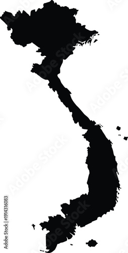 Detailed and accurate silhouette map of Vietnam. Professional vector EPS file with precise boundaries, isolated on white background for education, travel, and infographic use.