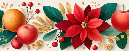 Vibrant watercolor red flowers with gold leaves for festive holiday decor and artwork