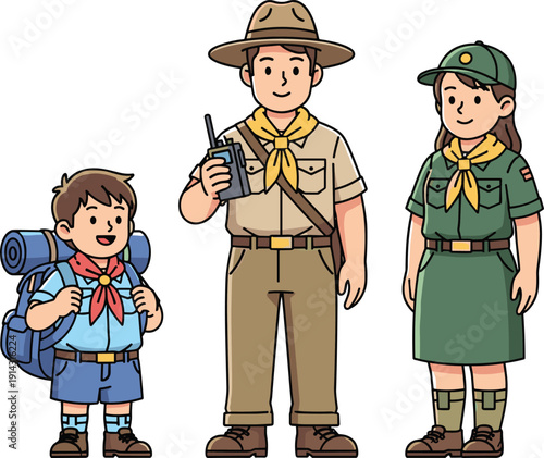 Vector illustration of scouting group with boy scout, male leader, female scout member in uniforms, outdoor teamwork camping hiking activity design 