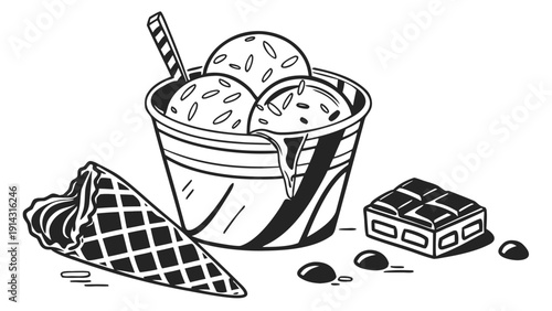 Delicious ice cream treats in a bucket with cone and chocolate