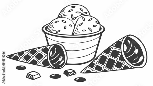 Delicious ice cream treats with cones and toppings