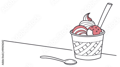Delicious ice cream treat with strawberries in a woven cup