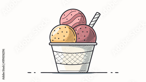 Colorful ice cream sundae in a waffle cone cup with a straw