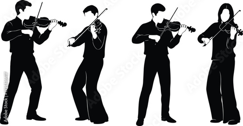 Black vector illustration of violinist silhouettes in different poses performing and practicing, musical instrument icons, artistic concert design motifs