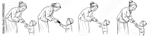 Chinese grandmother giving red envelope to child, isolated vector image on a transparent background, pencil drawing, set of images 