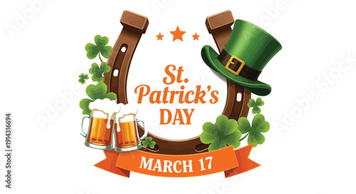 The St. Patrick's Day celebration graphic features beer and a hat.