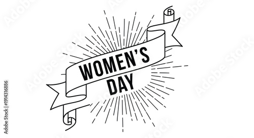 A retro banner announces Women's Day with sunburst rays.