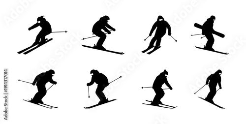 Set of black skiing silhouettes with poles down-hill skiing on white background