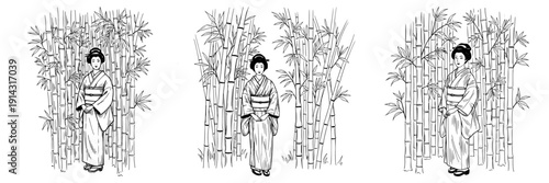 Japanese woman wearing kimono in bamboo forest, isolated vector image on a transparent background, pencil drawing, set of images