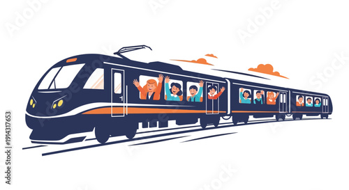Flat design illustration of a train journey vector with Eid homecoming and Mudik Lebaran icons, featuring a mosque silhouette and crescent moon symbol on a white background.