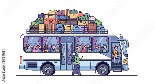 A colorful flat design illustration of a bus overloaded with luggage and a hijab-clad woman standing beside it, conveying a joyful Eid homecoming or Mudik Lebaran journey with a lively and