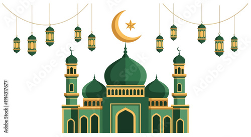 Eid al-Fitr journey vector illustration of a mosque with green domes and yellow accents, surrounded by lanterns and a crescent moon, symbolizing Islamic holiday travel and family homecoming.