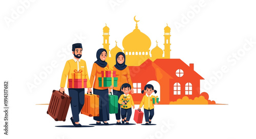 Flat design illustration of a Muslim family with luggage walking towards a traditional Indonesian house and mosque, symbolizing Eid homecoming or Mudik Lebaran journey with Ramadan travel