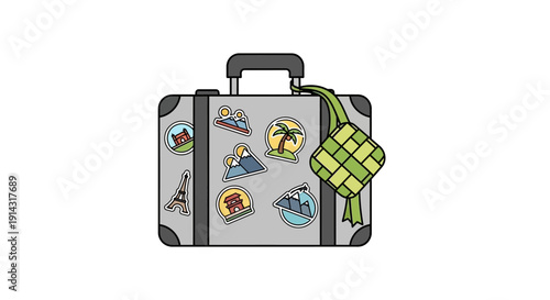 Flat design illustration of a travel suitcase with colorful Eid homecoming and Mudik Lebaran stickers, including mosque silhouette, crescent moon, and lantern icons, against a clean white