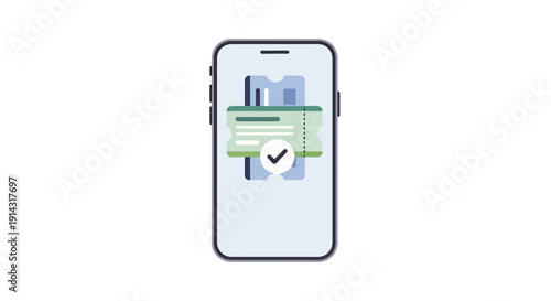 Flat design vector illustration of a smartphone with a green checkmark on a travel ticket icon, symbolizing Eid homecoming or Mudik Lebaran journey.