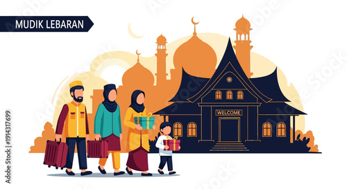 Flat design illustration of a Muslim family with luggage walking towards a mosque during Mudik Lebaran, Eid al-Fitr homecoming journey with traditional Indonesian village landscape and
