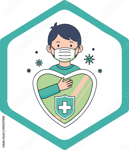 Man Wearing Face Mask Holding Heart Shield for Virus Protection and Immunity Concept