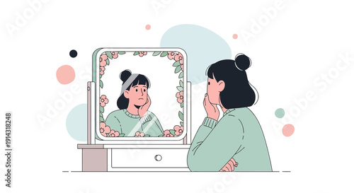 Young Woman Looking in Mirror, Admiring Reflection, Self-Care, Floral Frame