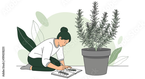 Young Woman Sketching Rosemary Plant in Pot - Botanical Art Illustration