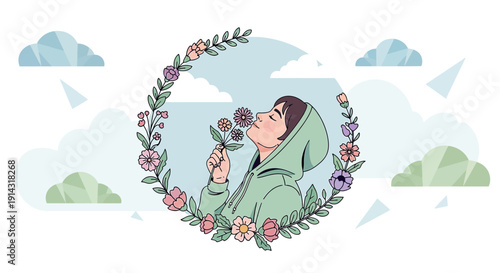 Young Woman Smelling Flowers in Floral Wreath, Dreamy Sky Background