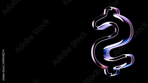 3D Glossy Glass Dollar Sign with Iridescent Refraction Isolated on Black Background