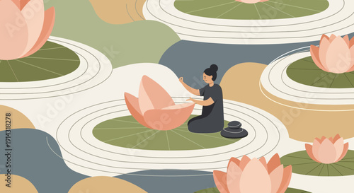 Zen Garden Serenity: Woman Meditating Among Lotus Flowers and Water Lilies