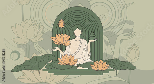 Zen Meditation Buddha with Lotus Flowers, Spiritual Harmony and Serenity