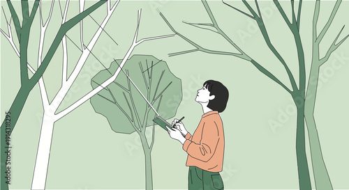 Young Woman Artist Sketching Trees in Forest Nature Illustration