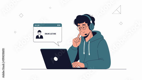 Young student wearing headphones, learning online on laptop with virtual lecture