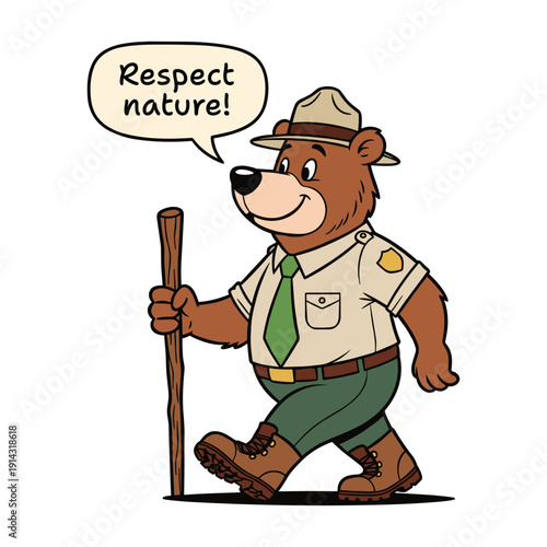 cartoon bear park ranger walking with a stick, respect nature illustration mascot