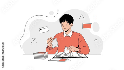 Young man sorting cards and learning from book, minimalist illustration