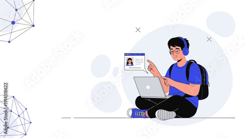 Young Student Learning Online with Laptop and Headphones, Digital Education Concept