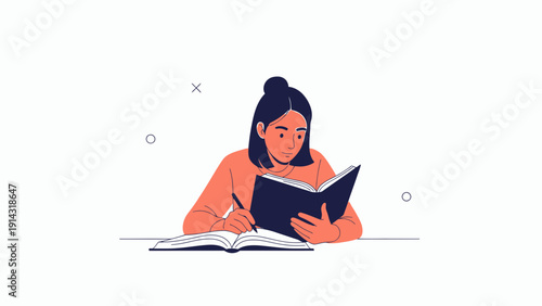 Young woman studying and writing in a book, education concept