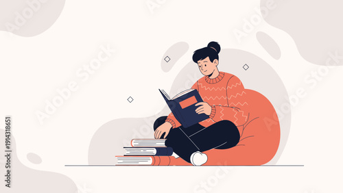 Young Woman Reading Book Relaxed on Bean Bag Chair, Cozy Lifestyle Illustration