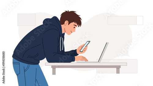 Young man using laptop and smartphone, multitasking, modern lifestyle, flat design