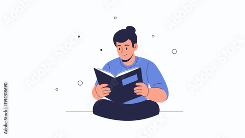 Young man reading book, focused, calm, illustration, isolated on white background