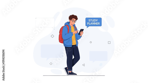 Young student with backpack using smartphone for study planner, online learning concept