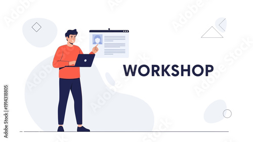 Man Presenting Workshop Lesson with Laptop and Screen