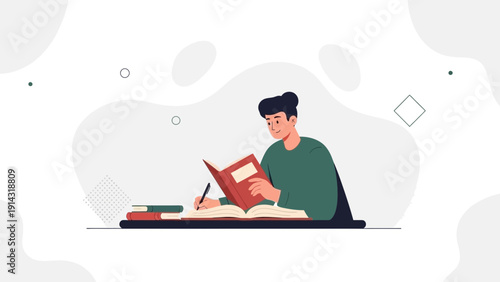 Young man studying at a desk with books and writing tools, modern flat design