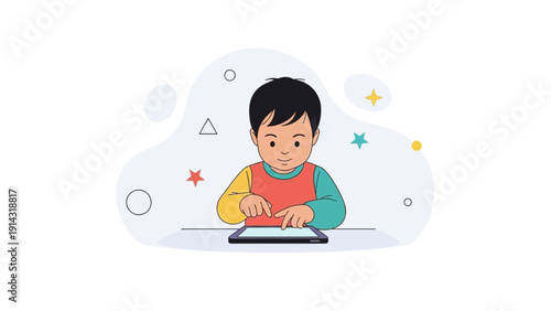 Young boy playing on a tablet, modern education, digital learning, technology concept.