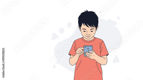 Young Boy Playing Games on Smartphone, Cartoon Illustration